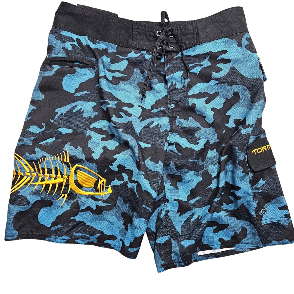 Tormenter‎ Mens Blue Camo Fish Skeleton Embroidered Board Shorts Size 34 Fishing